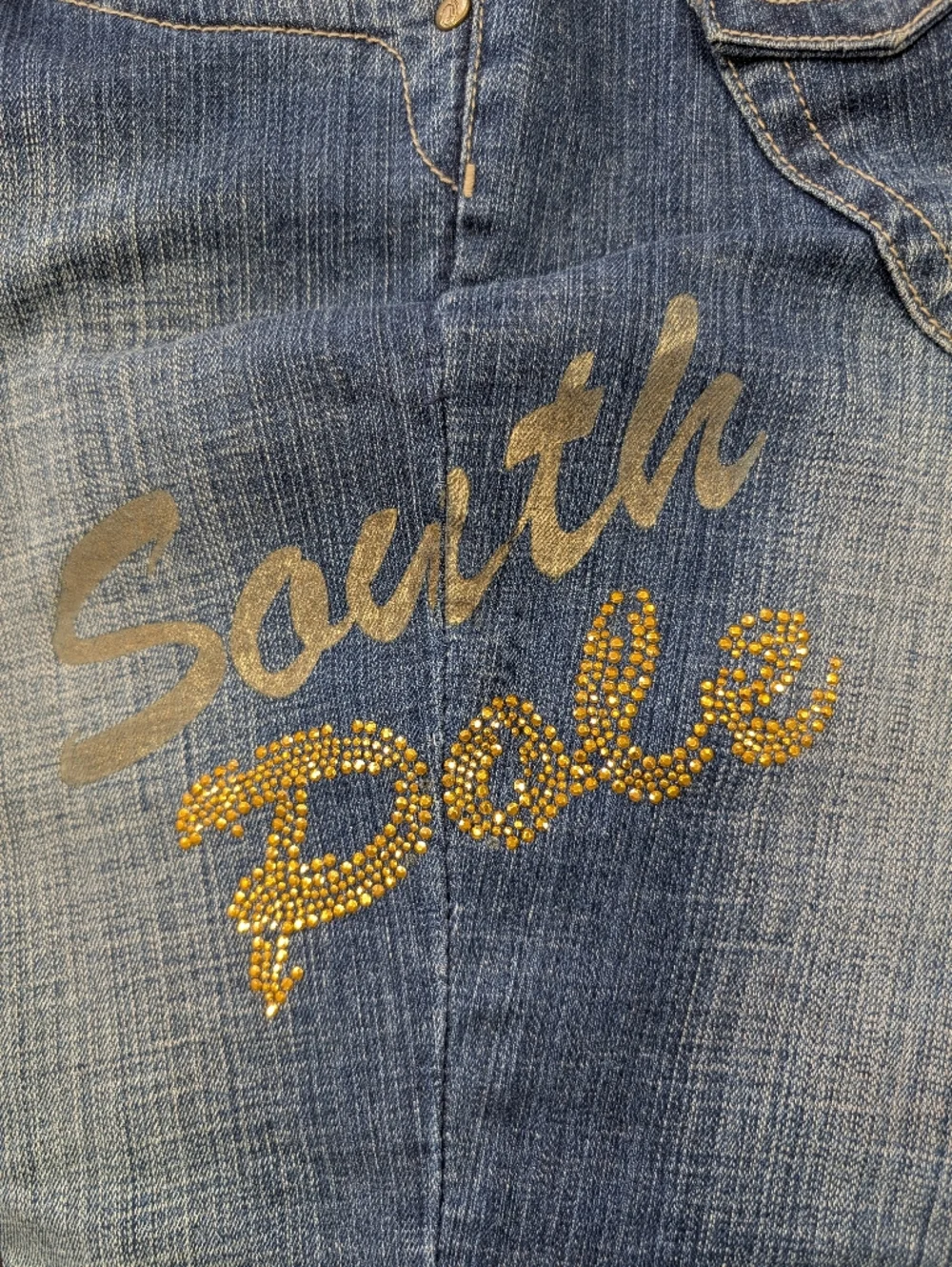 Y2K South Pole Rolled Cuff Denim Capri Jeans with Gold Stud Logo. Sz. 13. W: 36